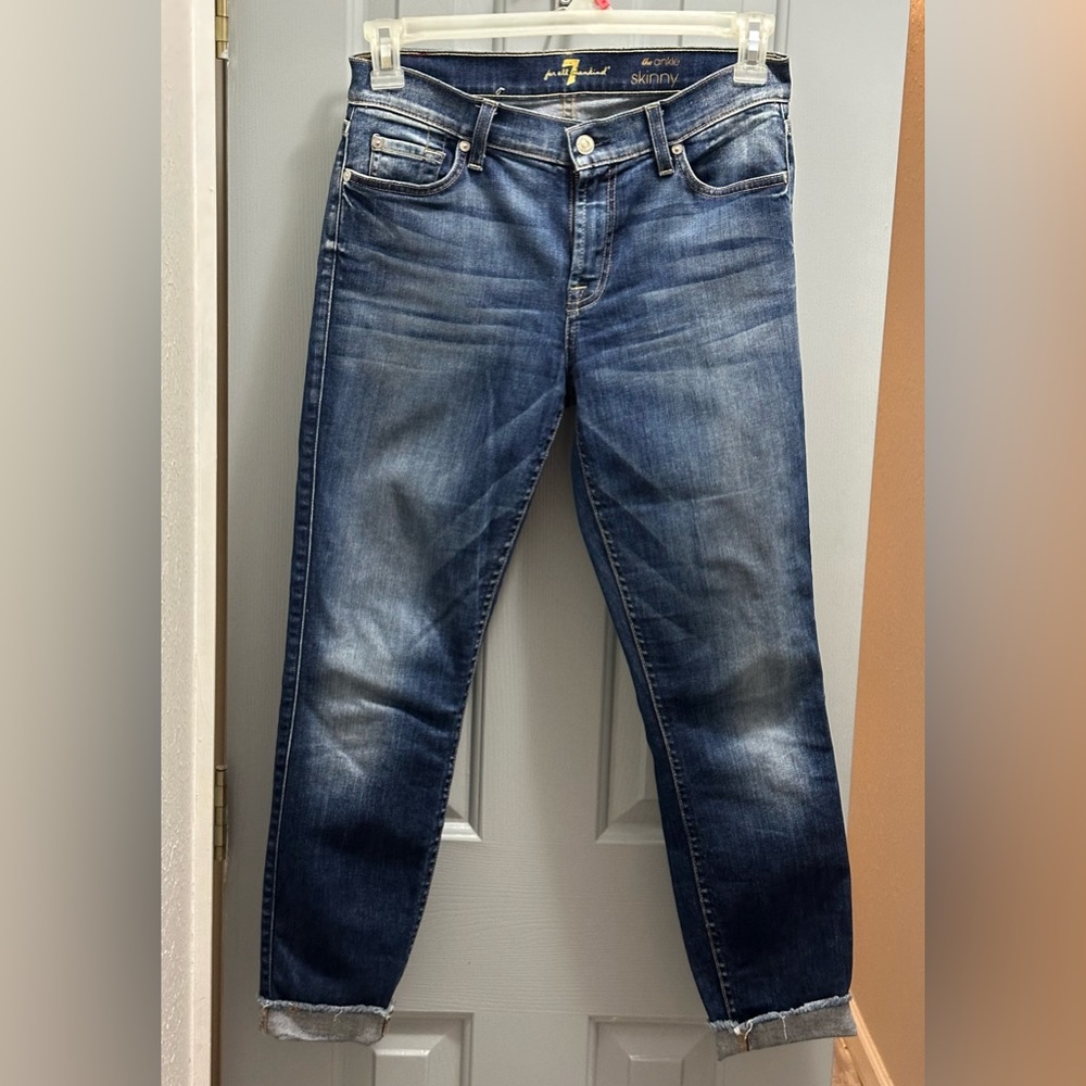 7 For All Mankind The Ankle Skinny Fray Hem Jean Dark Wash Womens Size 27